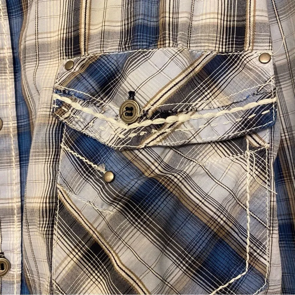 Buckle BKE athletic fit blue plaid thick stitch button up Western cotton shirt L - Picture 3 of 10